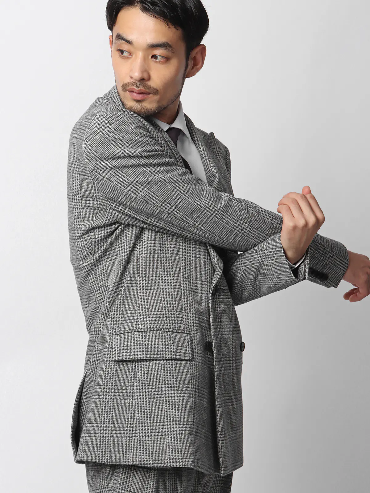 伸びるスーツ~Jersey~/ダブルブレスト/ウォッシャブル/6つボタン/グレンチェック/TR28 グレー 体型(DROP):スリム 8DROP(YA体),身長:160cm