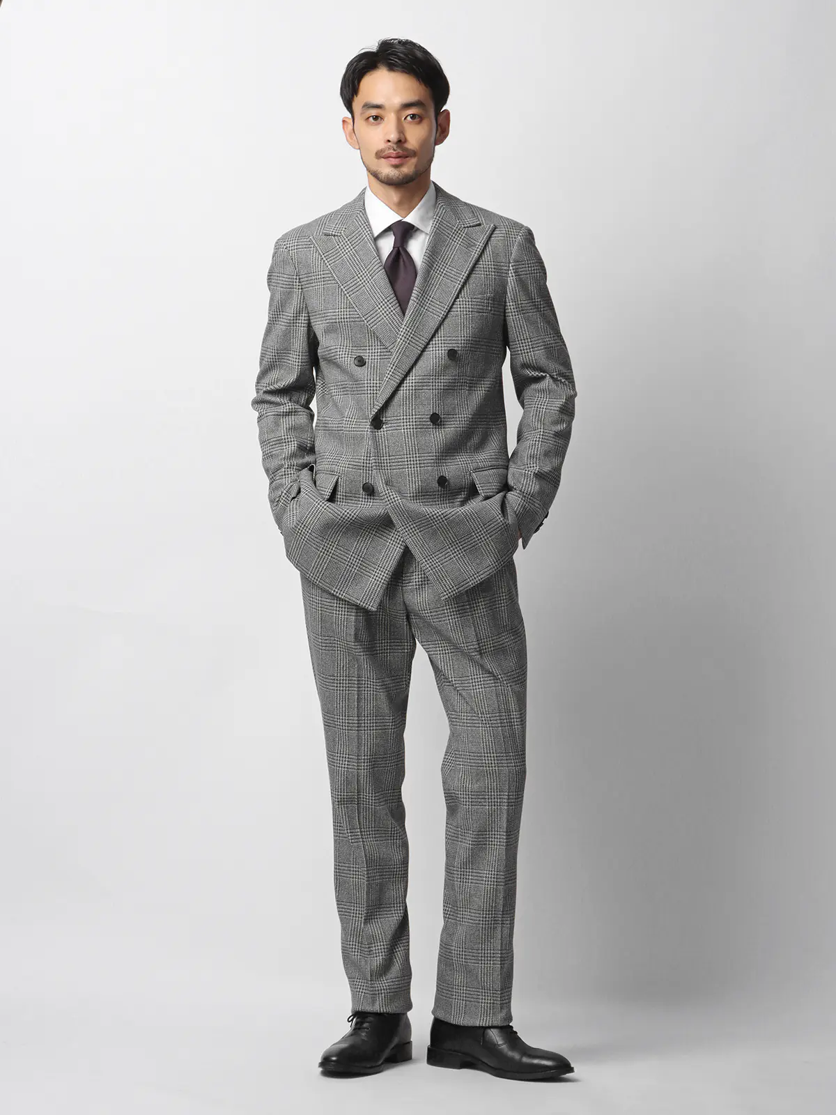 伸びるスーツ~Jersey~/ダブルブレスト/ウォッシャブル/6つボタン/グレンチェック/TR28 グレー 体型(DROP):スリム 8DROP(YA体),身長:160cm