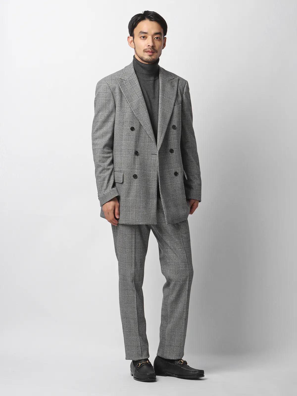 伸びるスーツ~Jersey~/ダブルブレスト/ウォッシャブル/6つボタン/グレンチェック/TR28 グレー 体型(DROP):スリム 8DROP(YA体),身長:160cm