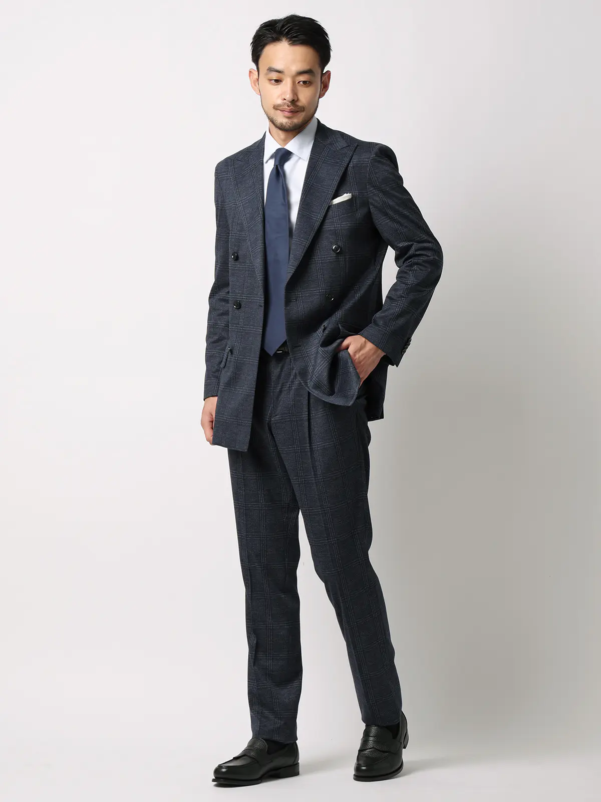 伸びるスーツ~Jersey~/ダブルブレスト/ウォッシャブル/ストレッチ/6つボタン/オーバーチェック/TR28 ブルー 体型(DROP):スリム 8DROP(YA体),身長:160cm