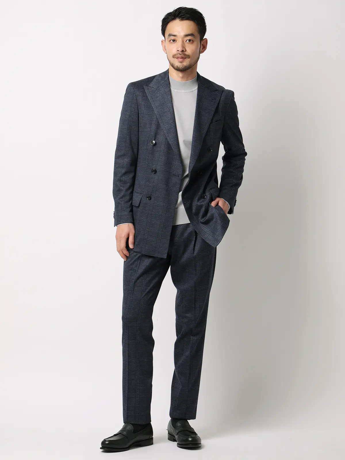 伸びるスーツ~Jersey~/ダブルブレスト/ウォッシャブル/ストレッチ/6つボタン/オーバーチェック/TR28 ブルー 体型(DROP):スリム 8DROP(YA体),身長:160cm