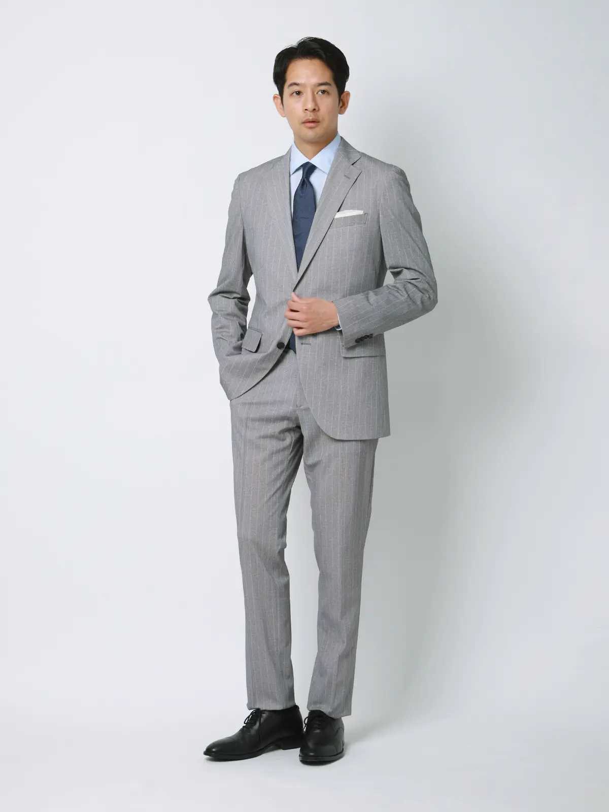 冷たいスーツ～Jersey～／ウォッシャブル／ストレッチ／接触冷感／2つボタン／ストライプ／CH25 ライトグレー 体型（DROP):スリム　8DROP(YA体),身長:160cm
