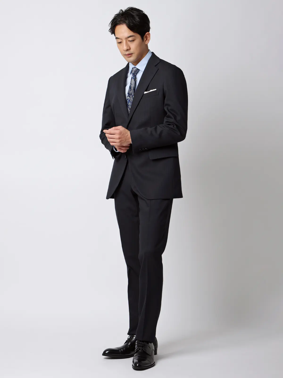 最高スーツ／ウォッシャブル／ストレッチ／2つボタン／ヘリンボーン／CH26 ネイビー 体型（DROP):ややがっしり　4DROP(AB体),身長:165cm