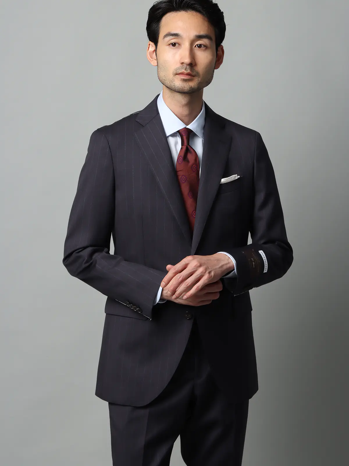 スーツ／2つボタン／CANONICO／21μ PRUNELLE／チョークストライプ／CH25 ネイビー 体型（DROP):スリム　8DROP(YA体),身長:160cm