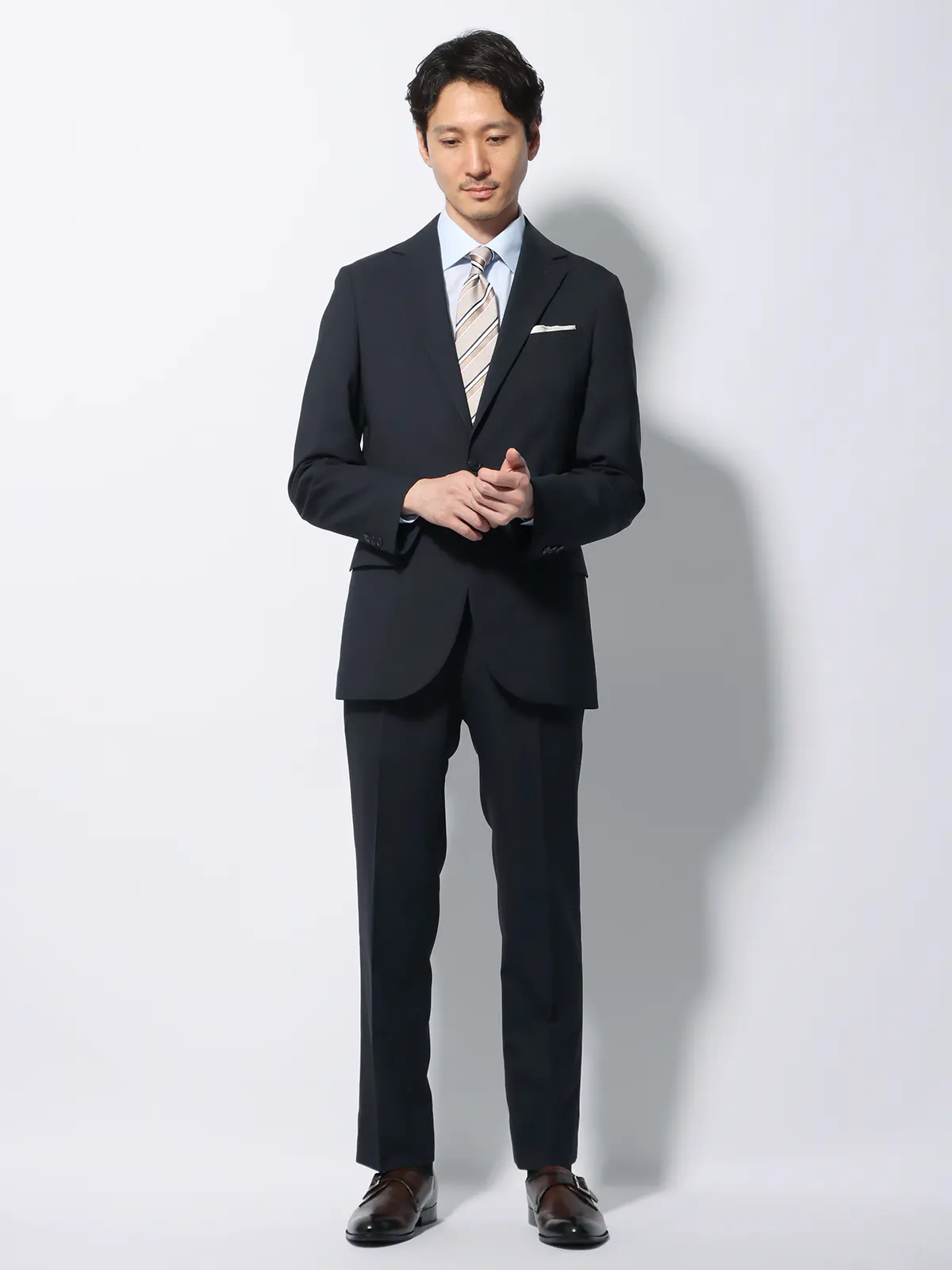 WEB限定/スーツ/ウォッシャブル/ストレッチ/2つボタン/ヘリンボーン/裾上げ済み ネイビー 体型(DROP):スリム 8DROP(YA体),身長:165cm