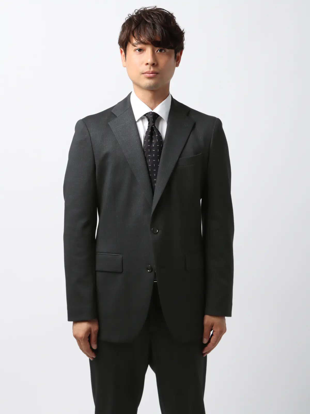 伸びるスーツ～Jersey～／ウォッシャブル／ストレッチ／2つボタン／ウインドーペーン／CH27 グレー系 体型（DROP):がっしり　2DROP(BE体),身長:185cm