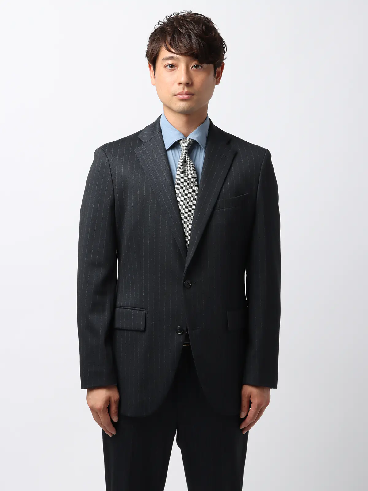 伸びるスーツ～Jersey～／ウォッシャブル／ストレッチ／2つボタン／チョークストライプ／CH27 ネイビー系 体型（DROP):スリム　8DROP(YA体),身長:160cm