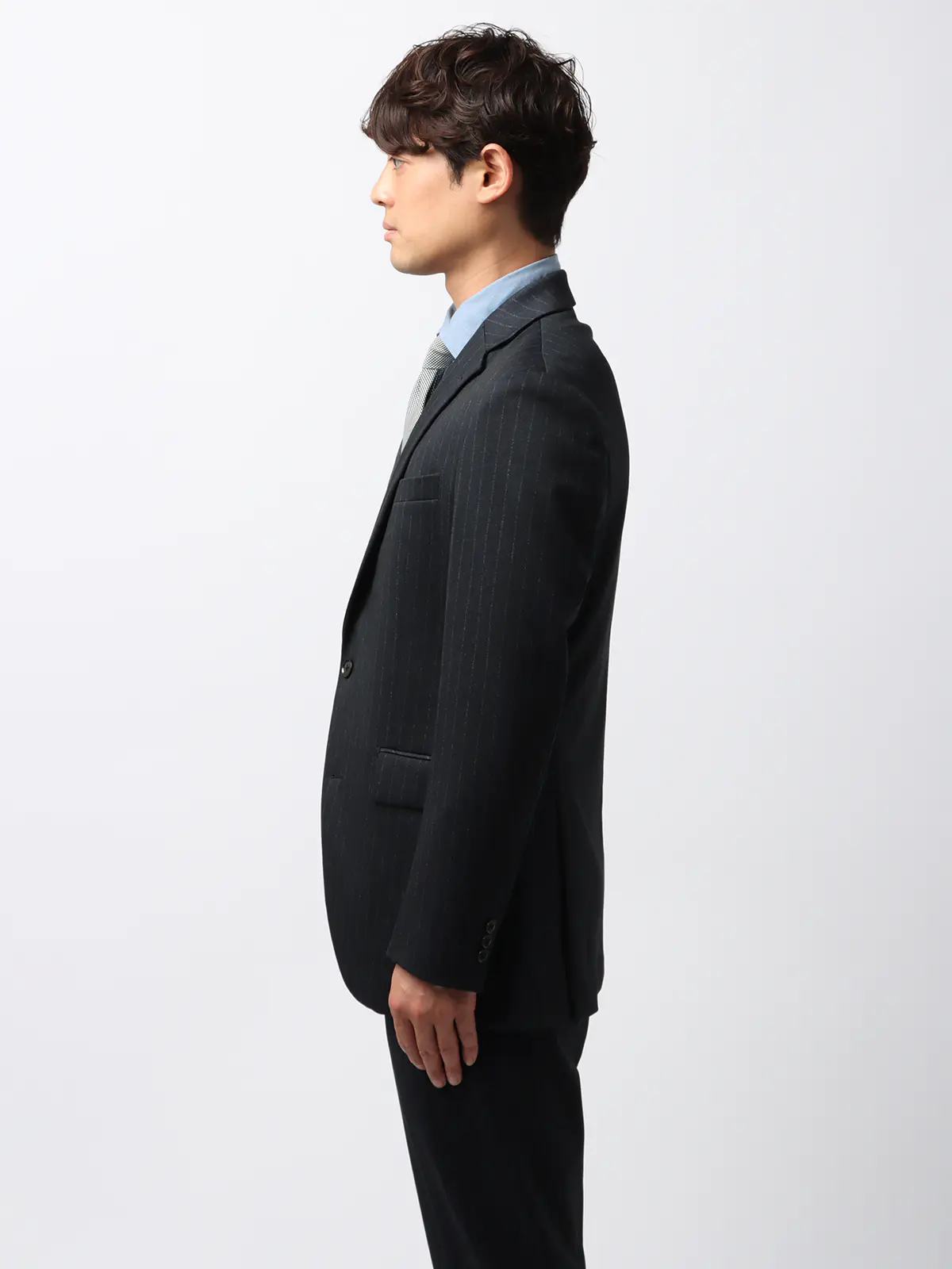 伸びるスーツ～Jersey～／ウォッシャブル／ストレッチ／2つボタン／チョークストライプ／CH27 ネイビー系 体型（DROP):スリム　8DROP(YA体),身長:160cm