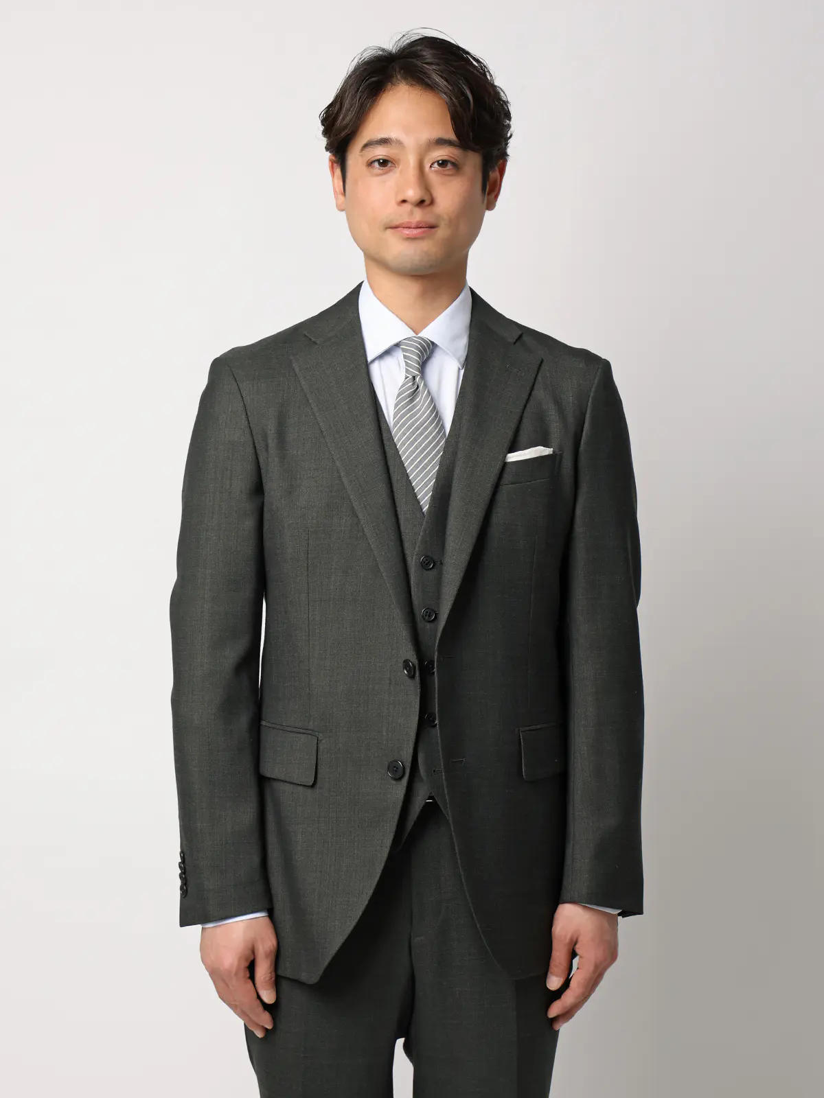 スーツ／スリーピース／ウォッシャブル／ストレッチ／2つボタン／CH25 グリーン 体型（DROP):スリム　8DROP(YA体),身長:160cm