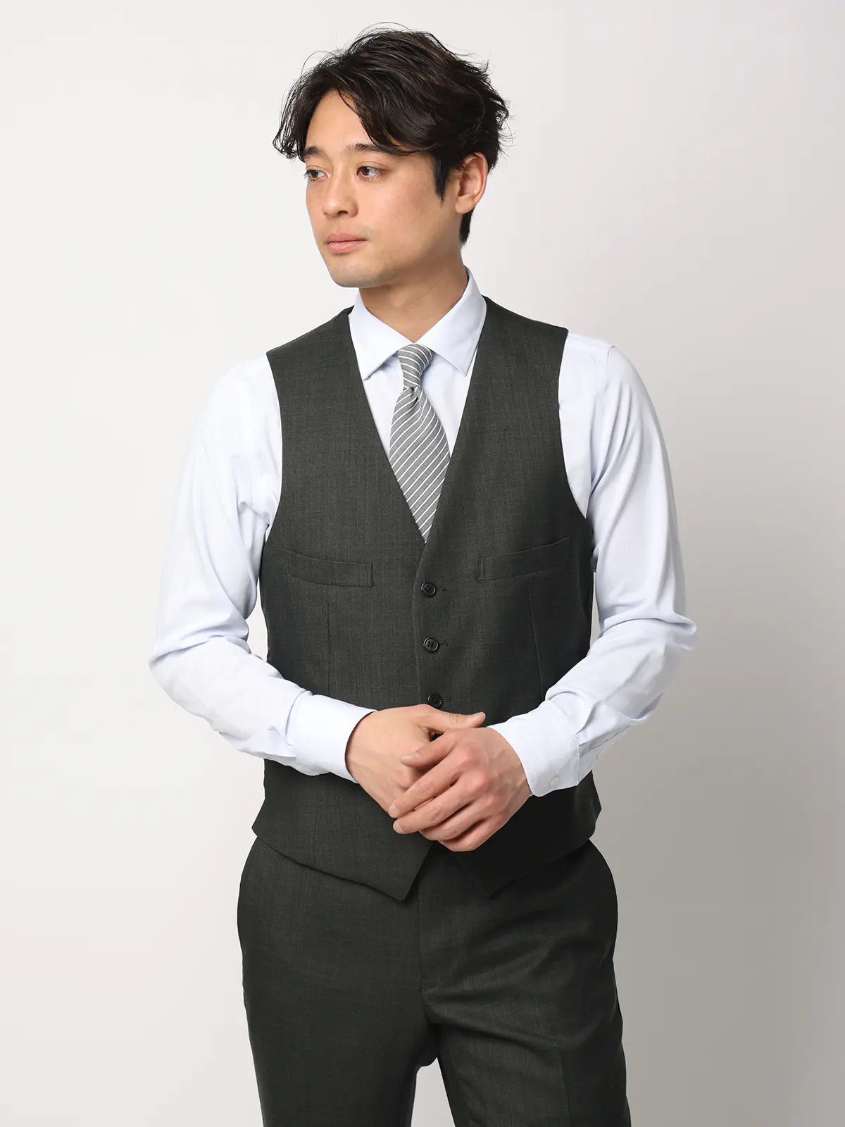 スーツ／スリーピース／ウォッシャブル／ストレッチ／2つボタン／CH25 グリーン 体型（DROP):スリム　8DROP(YA体),身長:160cm