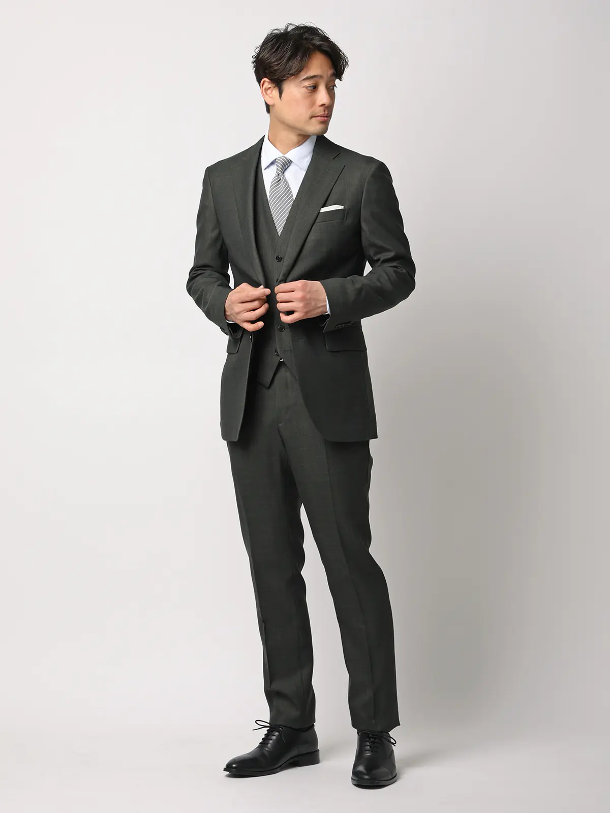 スーツ／スリーピース／ウォッシャブル／ストレッチ／2つボタン／CH25 グリーン 体型（DROP):スリム　8DROP(YA体),身長:160cm