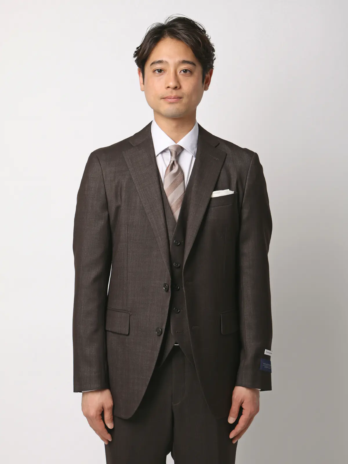 スーツ／スリーピース／ウォッシャブル／ストレッチ／2つボタン／CH25 ブラウン 体型（DROP):スリム　8DROP(YA体),身長:160cm