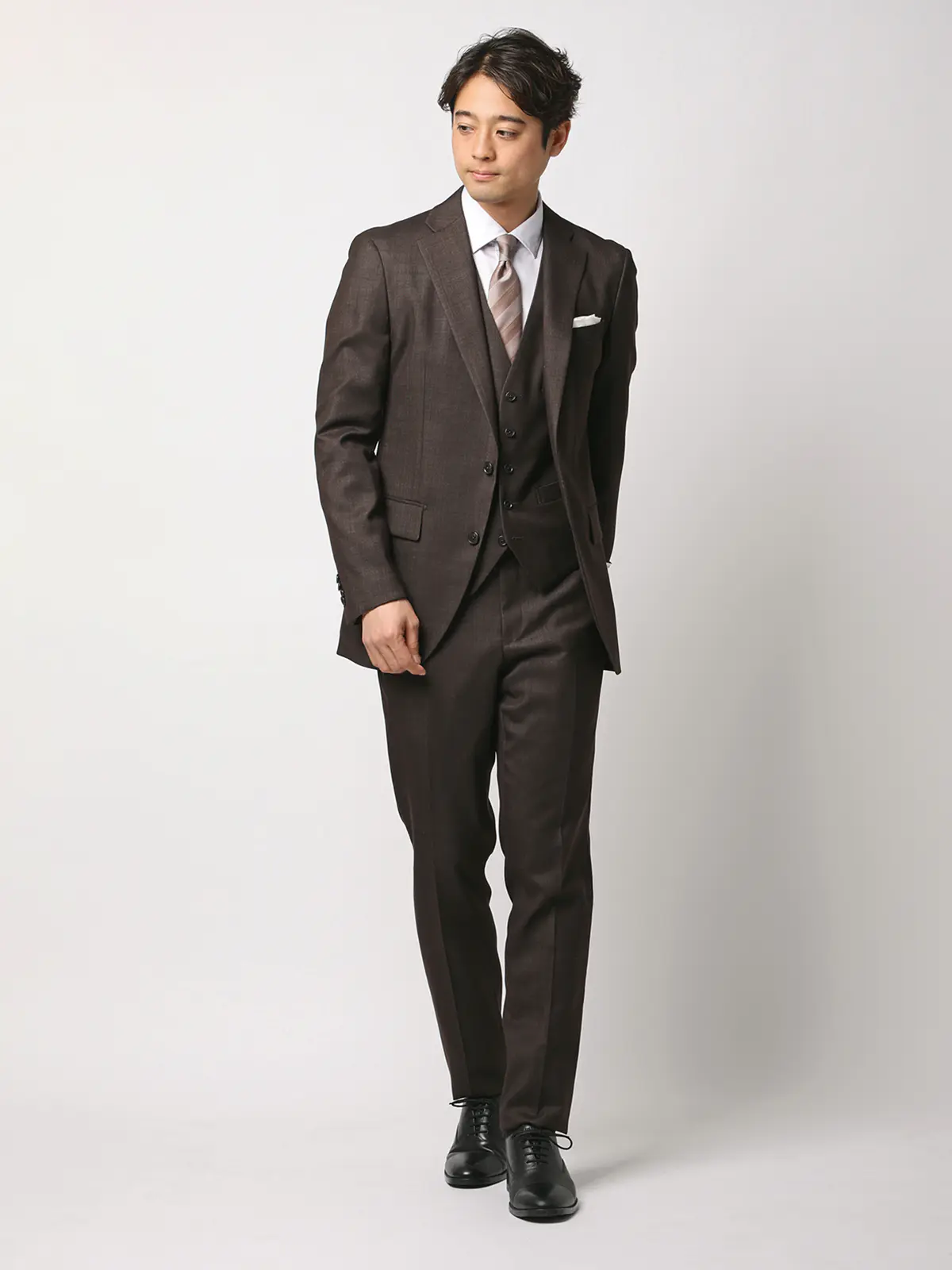 スーツ／スリーピース／ウォッシャブル／ストレッチ／2つボタン／CH25 ブラウン 体型（DROP):スリム　8DROP(YA体),身長:160cm