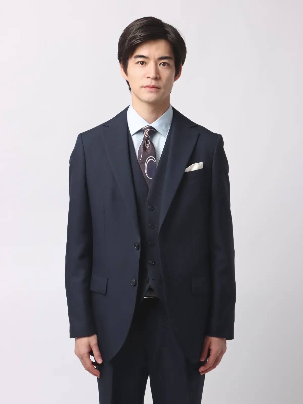 WEB限定／スーツ／スリーピース／ウォッシャブル／2つボタン／ストライプ／裾上げ済 ネイビー 体型（DROP):スリム　8DROP(YA体),身長:165cm