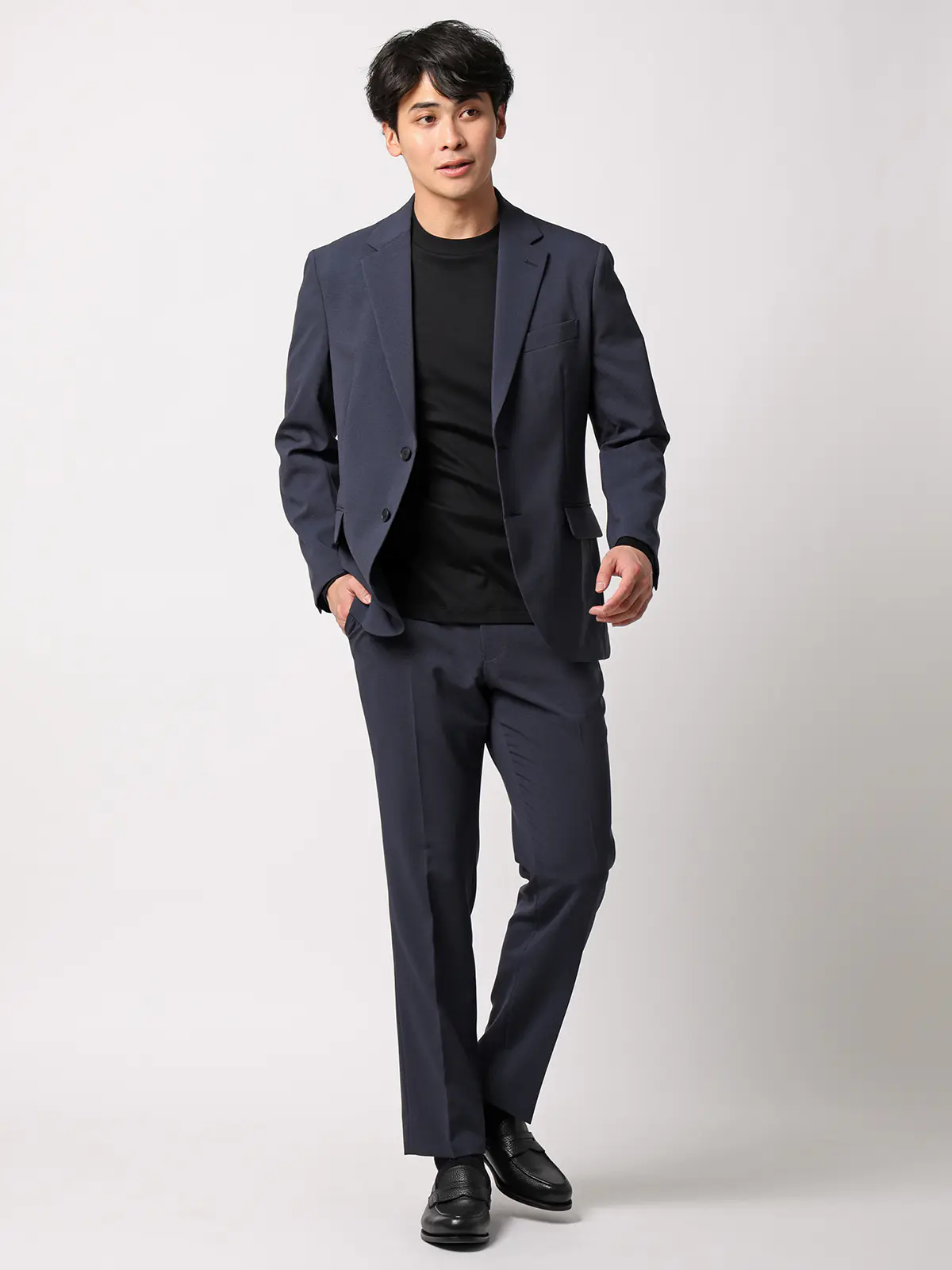 みんなのスーツ／2つボタン／ハウンドトゥース／PRESTIGE TECHNOLOGY／裾上げ済み ネイビー SS