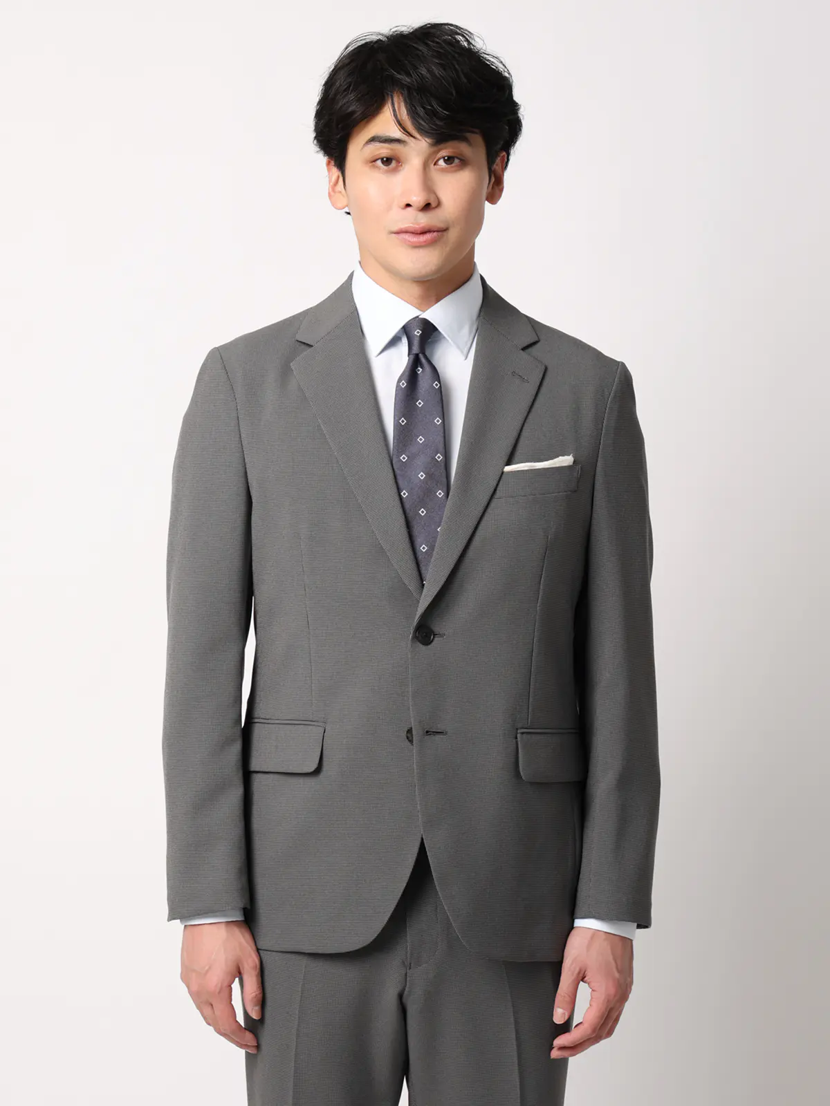みんなのスーツ／2つボタン／ハウンドトゥース／PRESTIGE TECHNOLOGY／裾上げ済み グレー SS