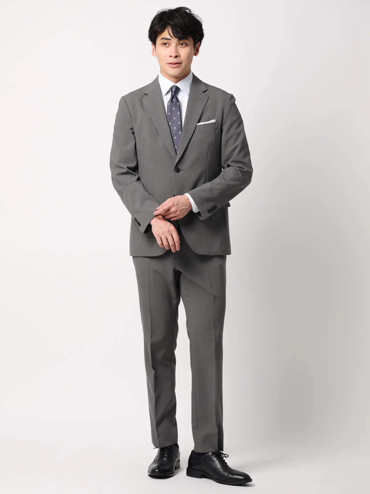 みんなのスーツ／2つボタン／ハウンドトゥース／PRESTIGE TECHNOLOGY／裾上げ済み グレー SS