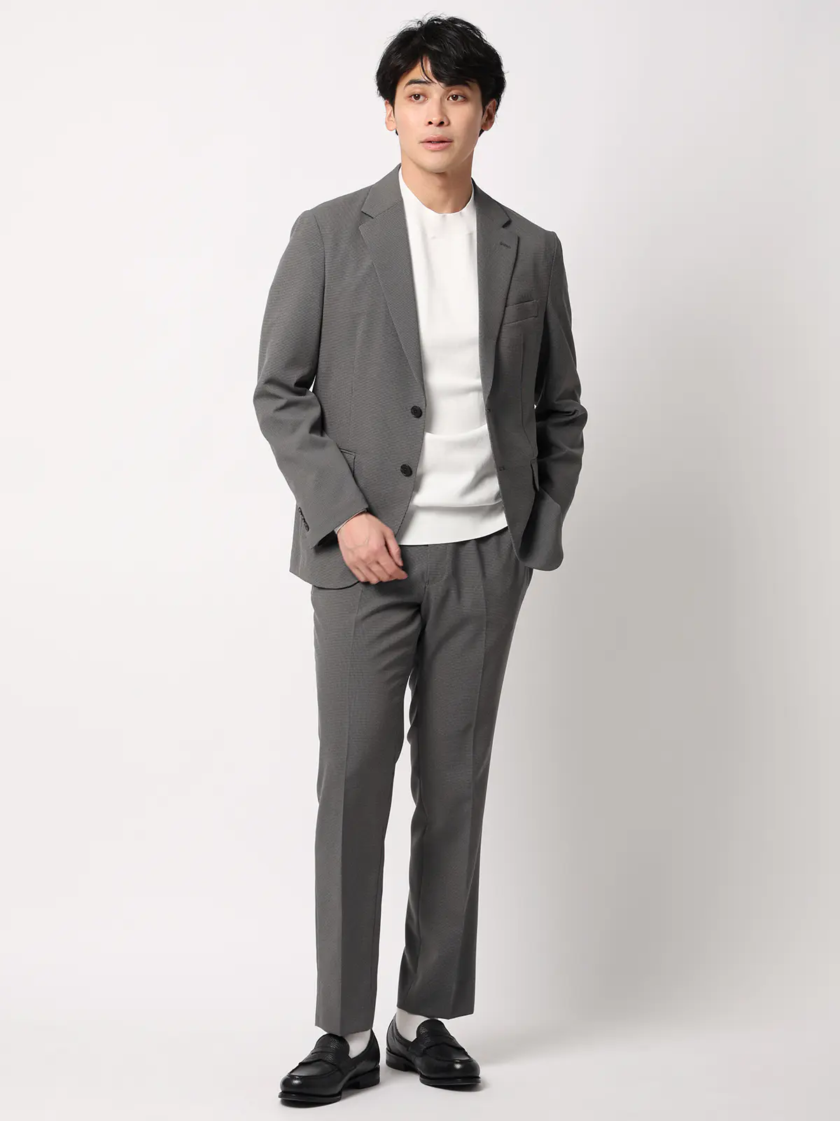 みんなのスーツ／2つボタン／ハウンドトゥース／PRESTIGE TECHNOLOGY／裾上げ済み グレー SS