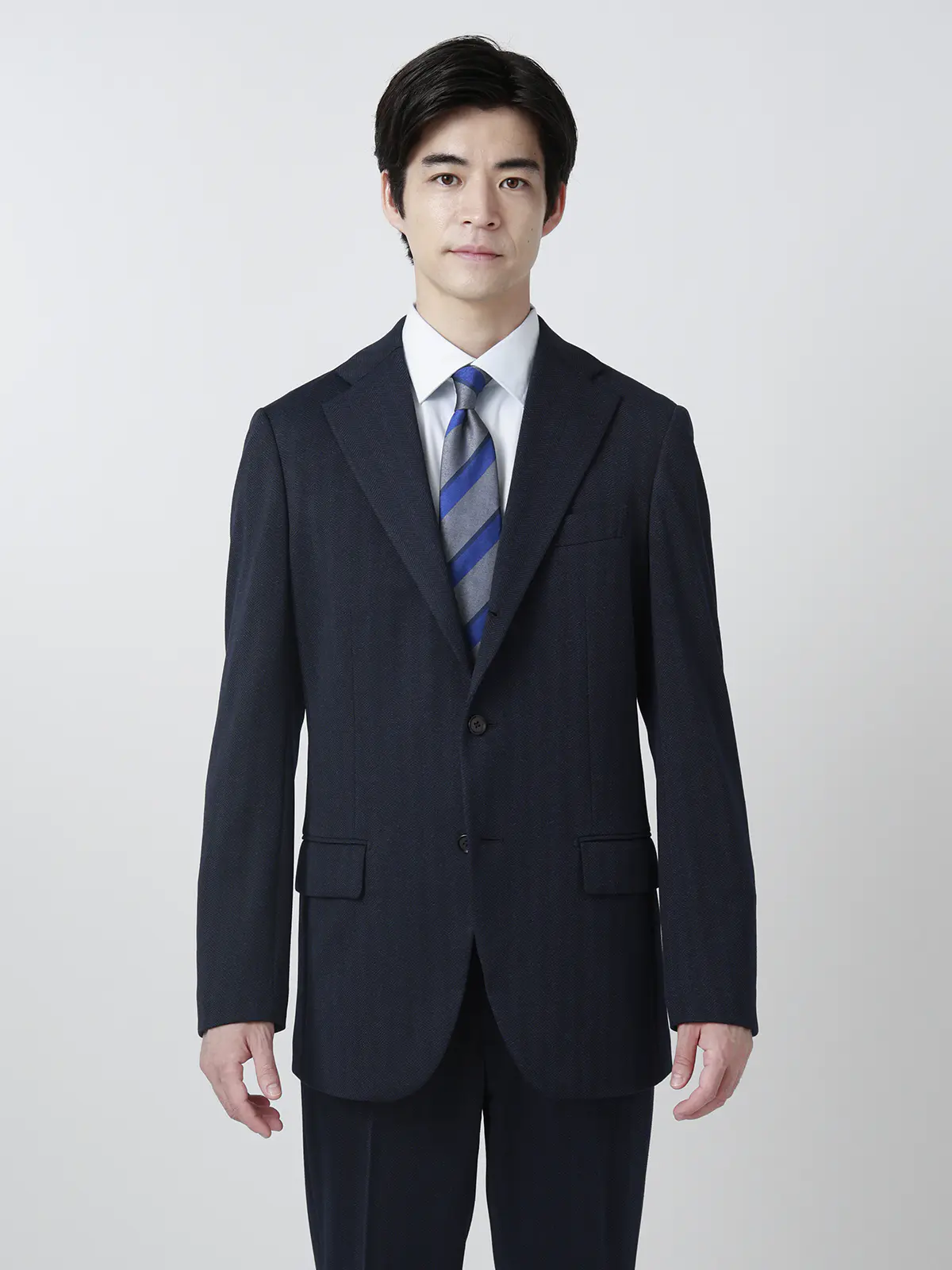 伸びるスーツ～Jersey～／ウォッシャブル／ストレッチ／3つボタン／ヘリンボーン／TR27 ネイビー 体型（DROP):スリム　8DROP(YA体),身長:180cm