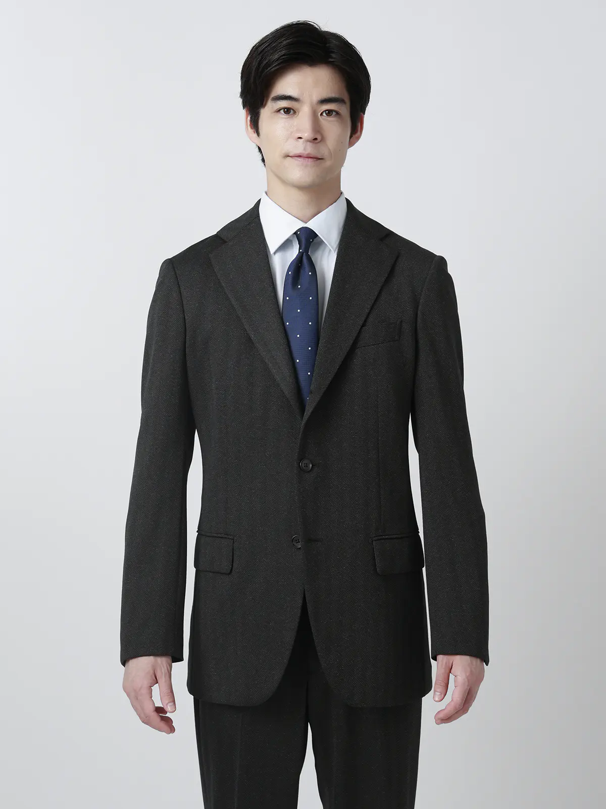 伸びるスーツ~Jersey~/ウォッシャブル/ストレッチ/3つボタン/ヘリンボーン/TR27 グレー 体型(DROP):がっしり 2DROP(BE体),身長:180cm