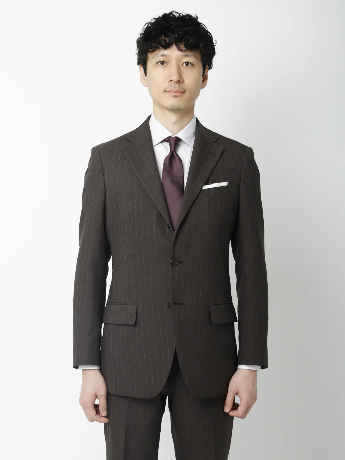 "超"伸びる最高スーツ/ウォッシャブル/ストレッチ/3つボタン/チョークストライプ/TR27 ブラウン 体型(DROP):スリム 8DROP(YA体),身長:160cm