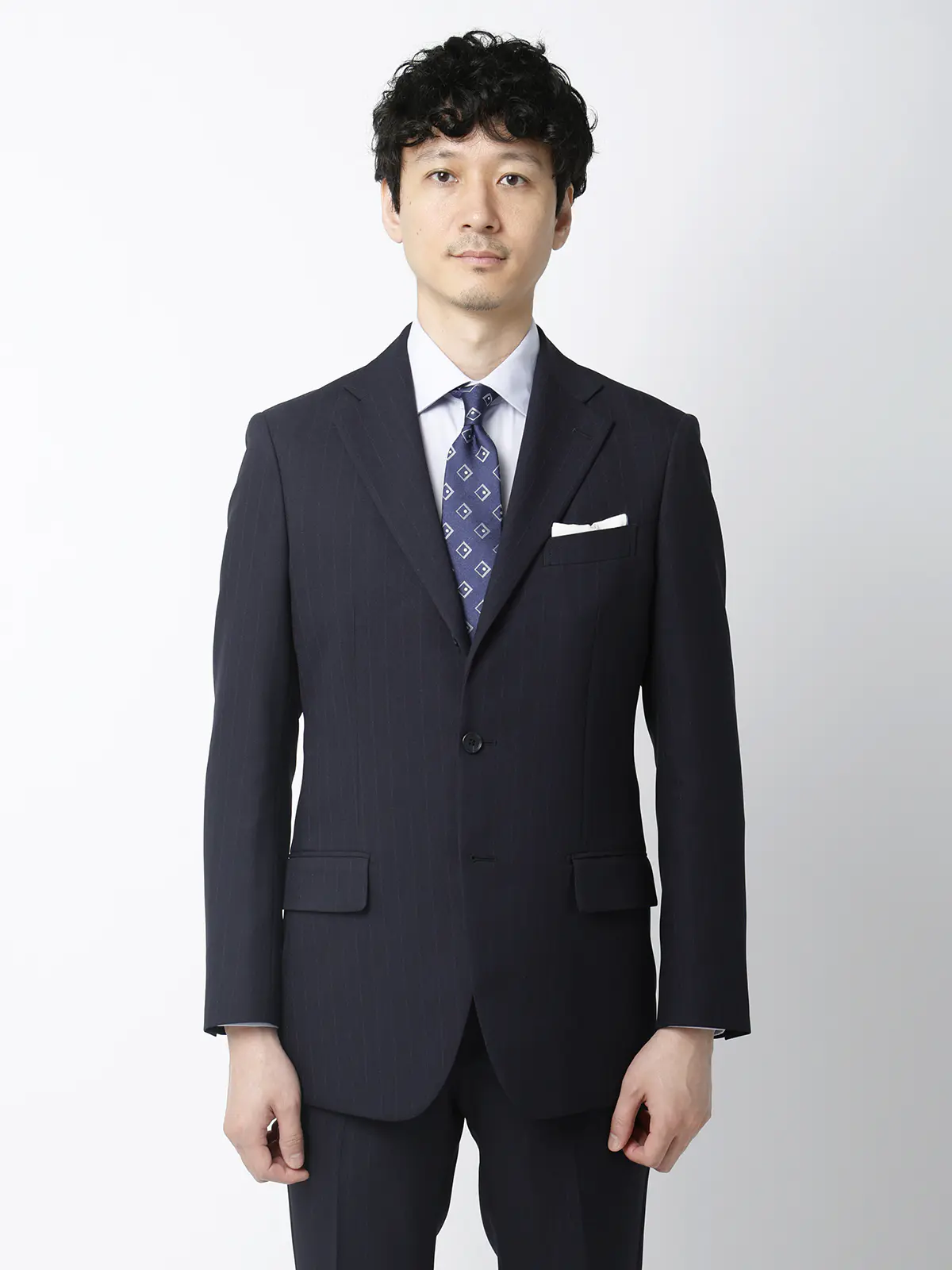 "超"伸びる最高スーツ/ウォッシャブル/ストレッチ/3つボタン/チョークストライプ/TR27 ネイビー 体型(DROP):スリム 8DROP(YA体),身長:160cm