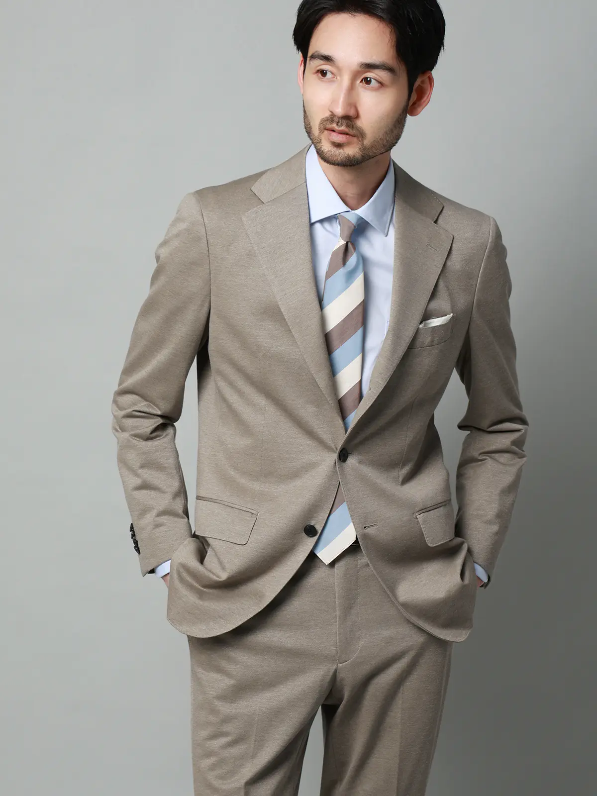 スーツ／ストレッチ／接触冷感／3つボタン／無地／TR27 ベージュ 体型（DROP):普通　6DROP(A体),身長:170cm