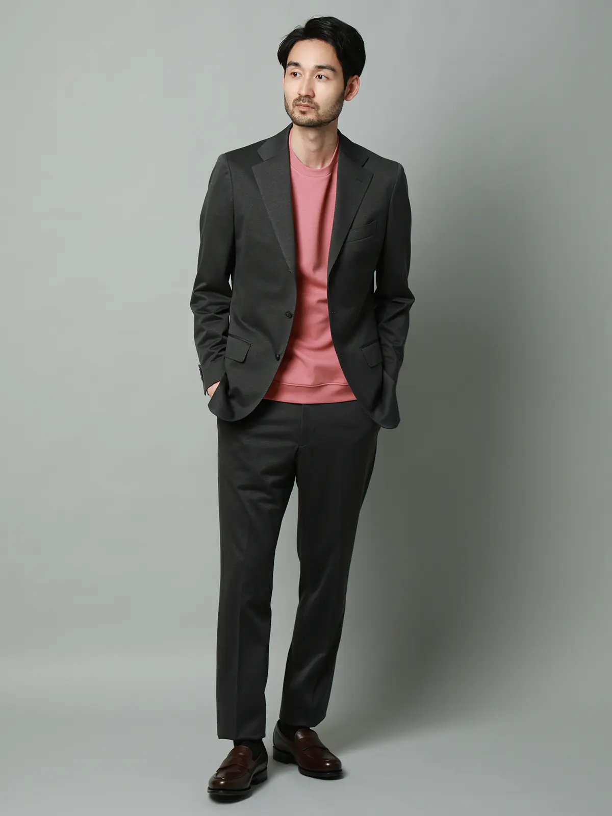 スーツ／ストレッチ／接触冷感／3つボタン／無地／TR27 グレー 体型（DROP):普通　6DROP(A体),身長:165cm