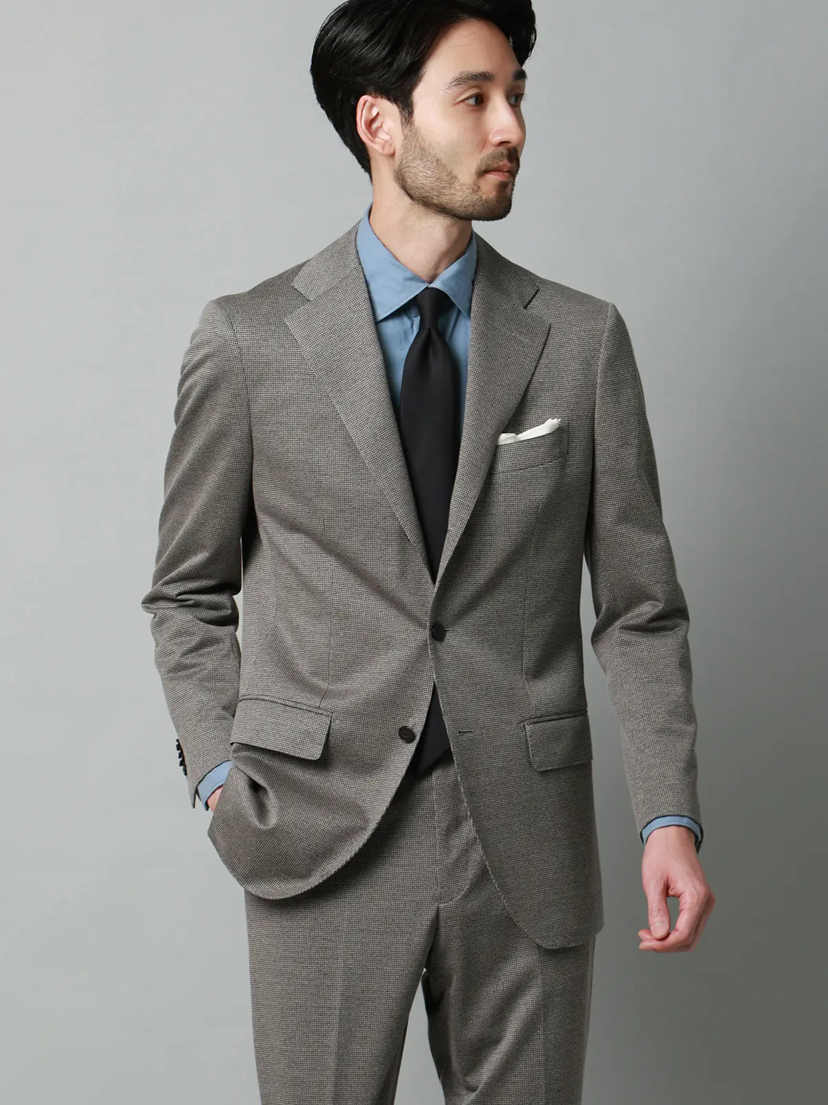 スーツ／ストレッチ／接触冷感／3つボタン／ハウンドトゥース／TR27 ライトグレー 体型（DROP):普通　6DROP(A体),身長:165cm