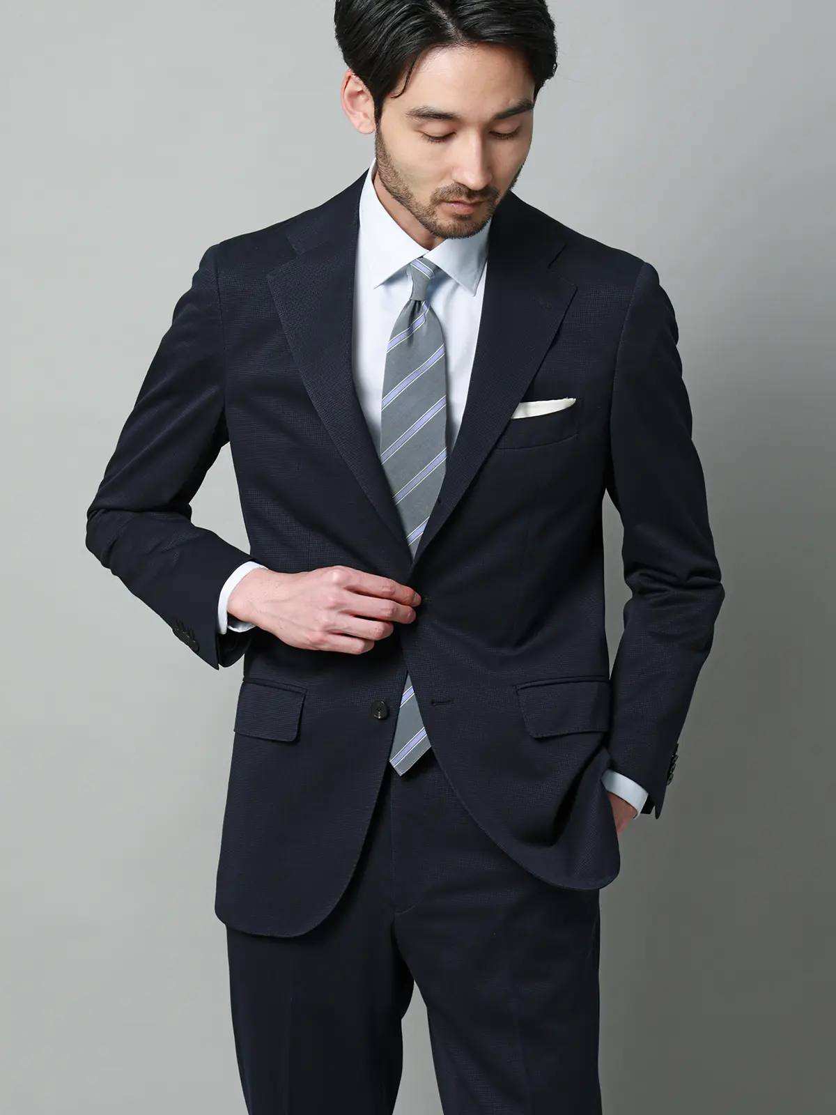 スーツ／ストレッチ／接触冷感／3つボタン／ハウンドトゥース／TR27 ネイビー 体型（DROP):普通　6DROP(A体),身長:165cm