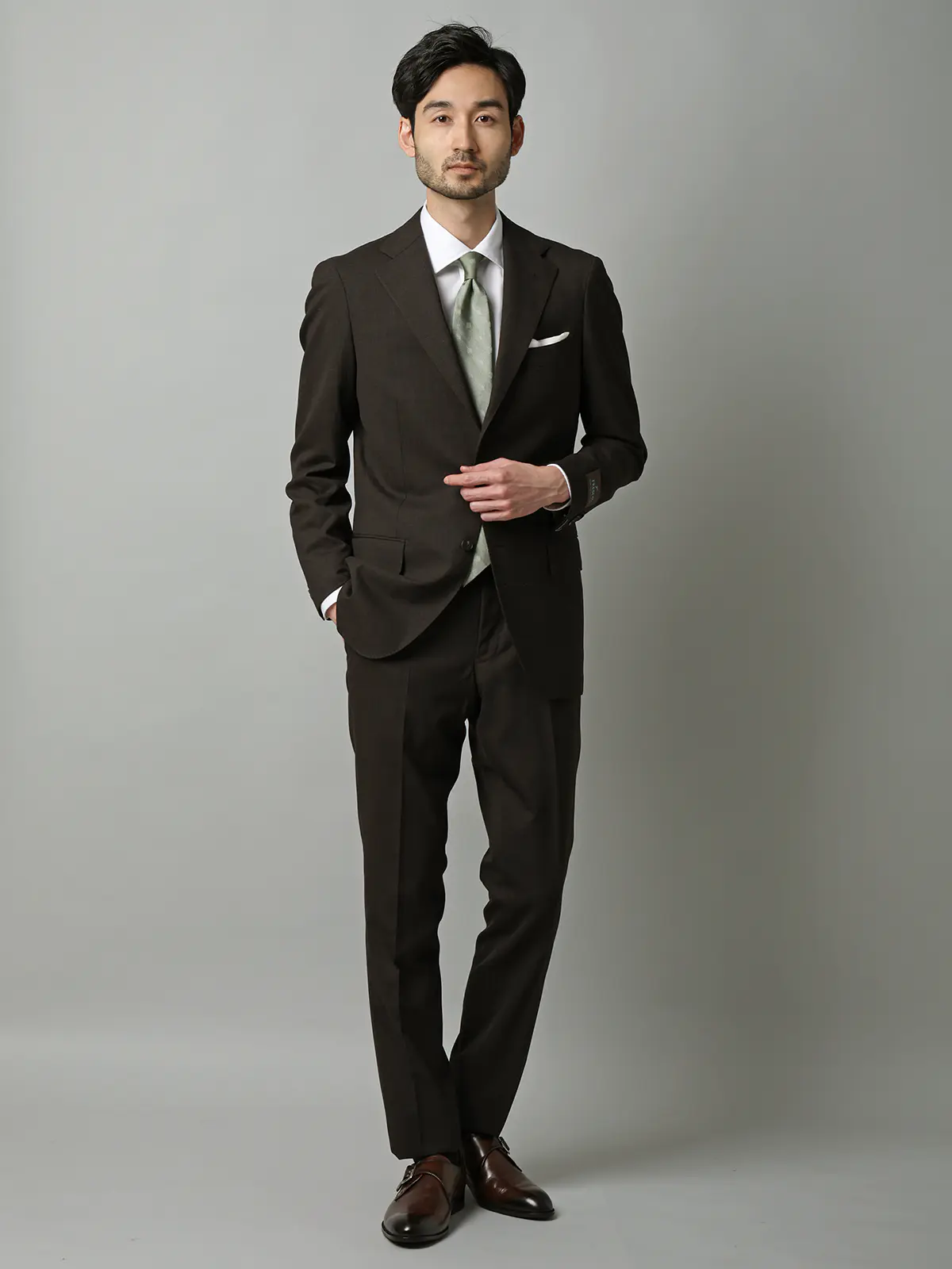 スーツ／3つボタン／FRESCO／HAND MADE／グレンチェック／TR27 ブラウン 体型（DROP):スリム　8DROP(YA体),身長:160cm