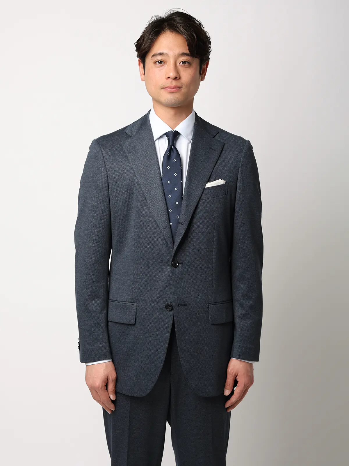 伸びるスーツ～Jersey～／ウォッシャブル／ストレッチ／3つボタン／織柄／TR27 ブルー 体型（DROP):スリム　8DROP(YA体),身長:160cm