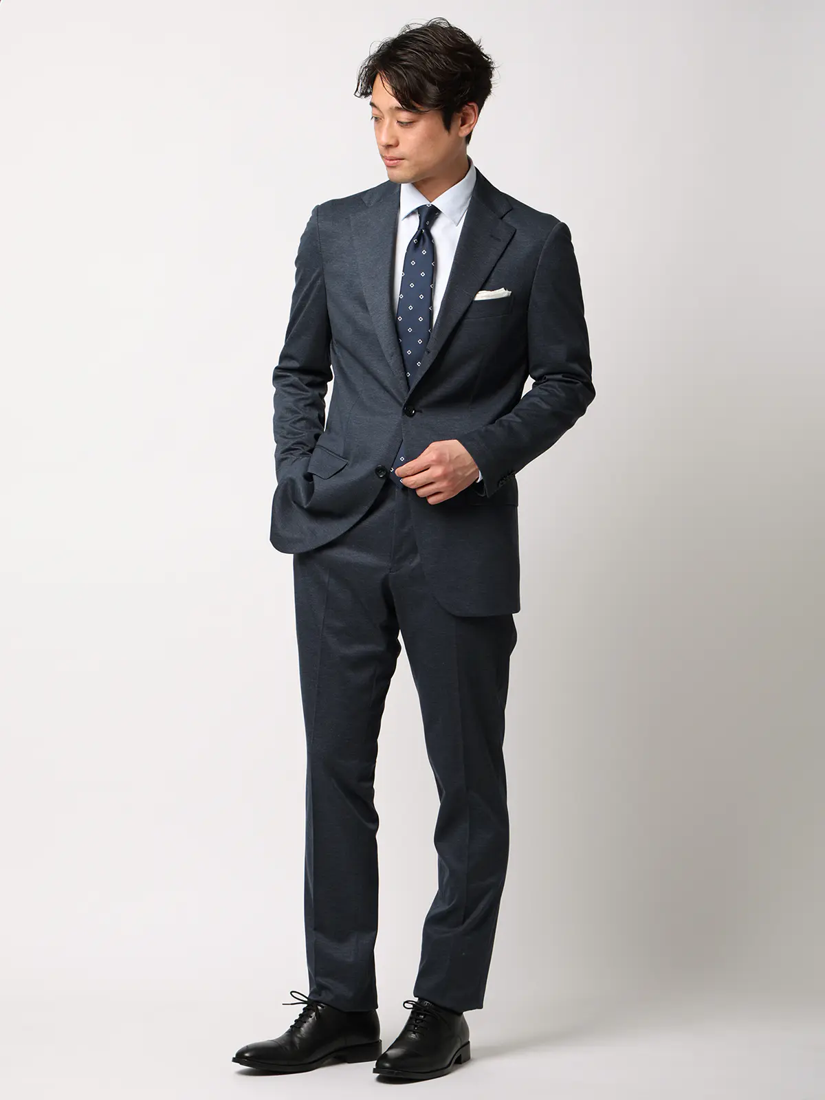 伸びるスーツ～Jersey～／ウォッシャブル／ストレッチ／3つボタン／織柄／TR27 ブルー 体型（DROP):スリム　8DROP(YA体),身長:160cm