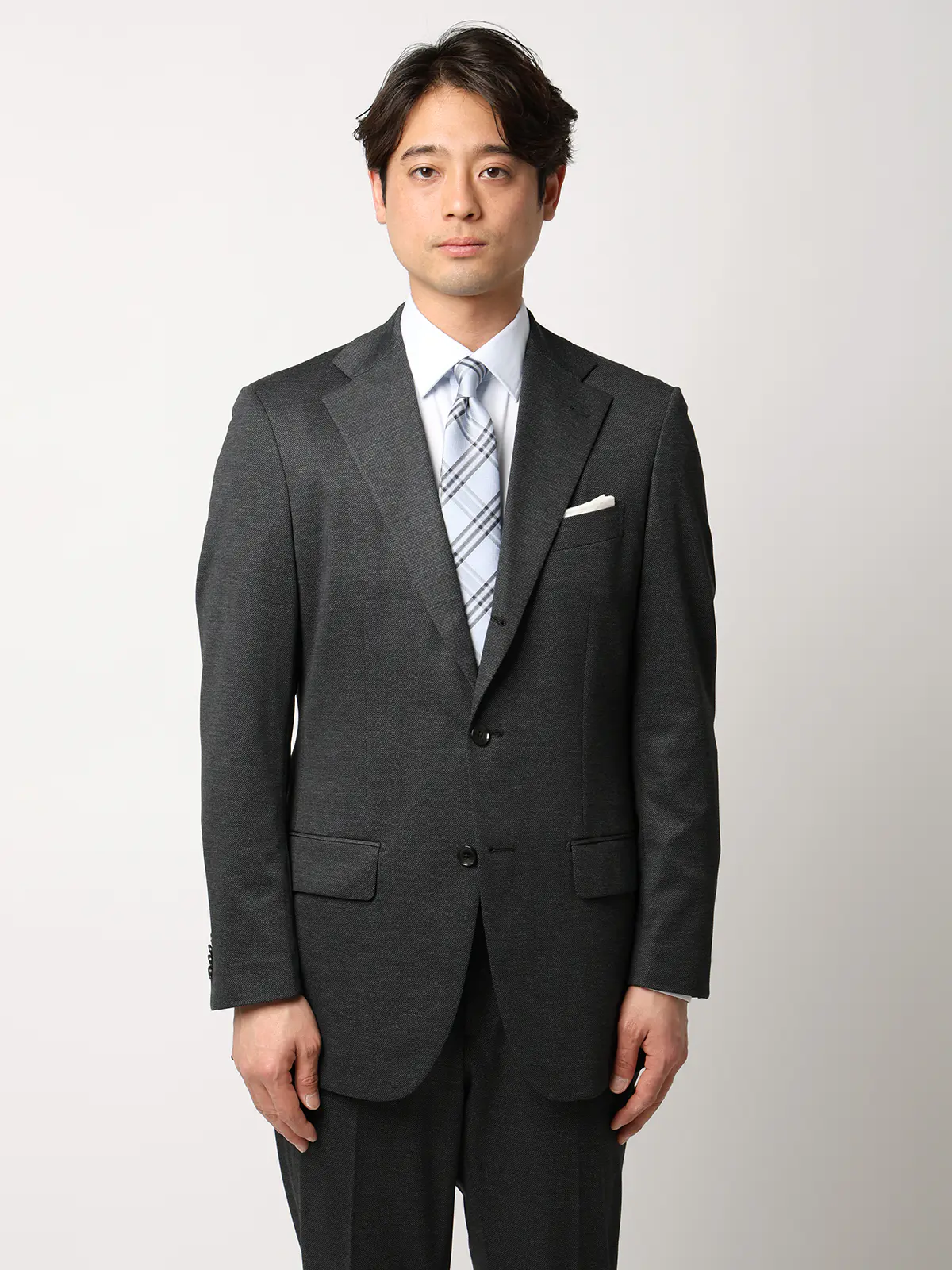 伸びるスーツ～Jersey～／ウォッシャブル／ストレッチ／3つボタン／織柄／TR27 グレー 体型（DROP):スリム　8DROP(YA体),身長:160cm