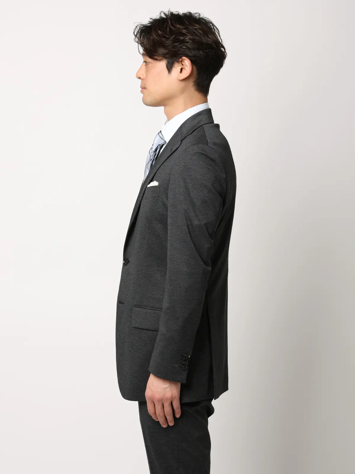 伸びるスーツ～Jersey～／ウォッシャブル／ストレッチ／3つボタン／織柄／TR27 グレー 体型（DROP):スリム　8DROP(YA体),身長:160cm