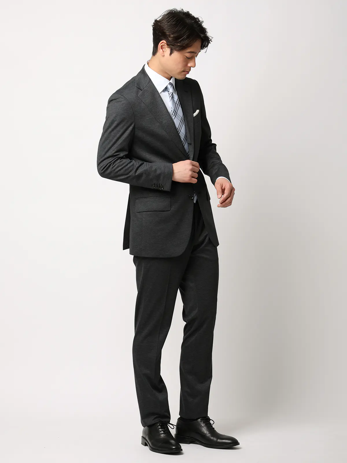 伸びるスーツ～Jersey～／ウォッシャブル／ストレッチ／3つボタン／織柄／TR27 グレー 体型（DROP):スリム　8DROP(YA体),身長:160cm