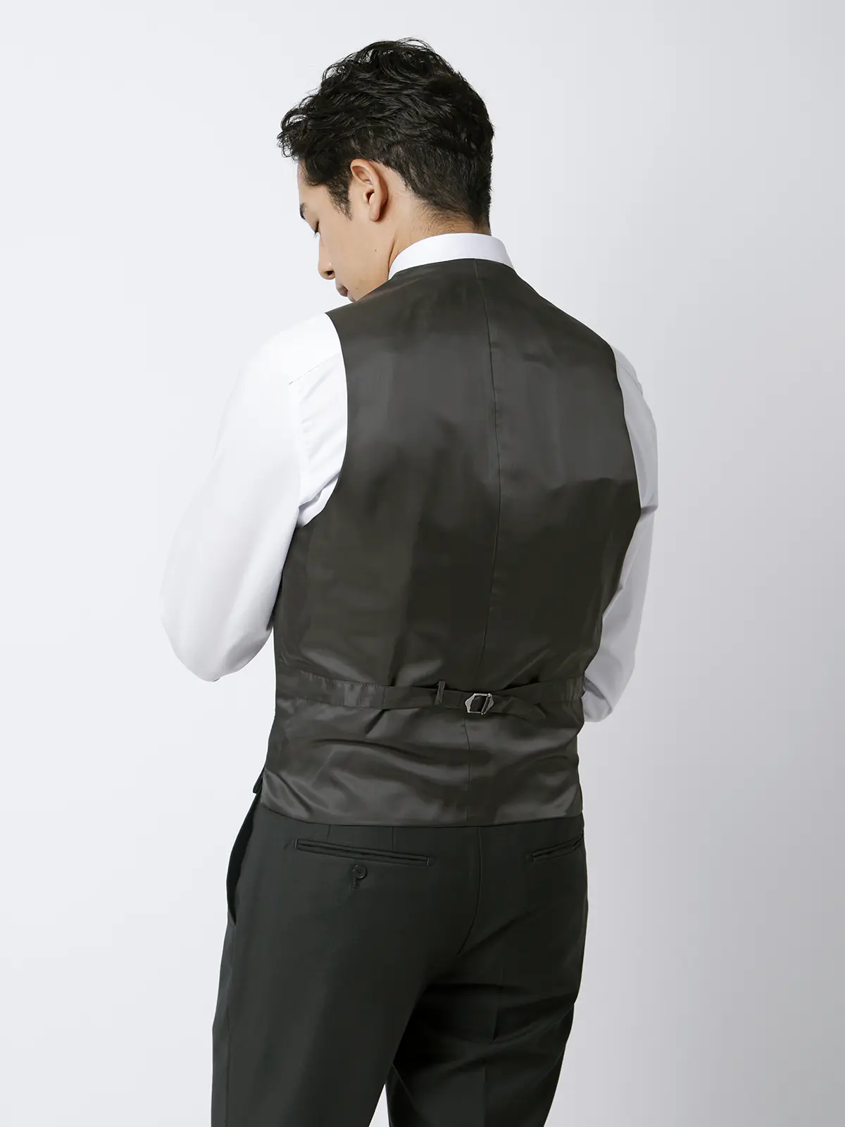 スーツ／スリーピース／3つボタン／尾州／無地／TR27 グリーン 体型（DROP):スリム　8DROP(YA体),身長:160cm