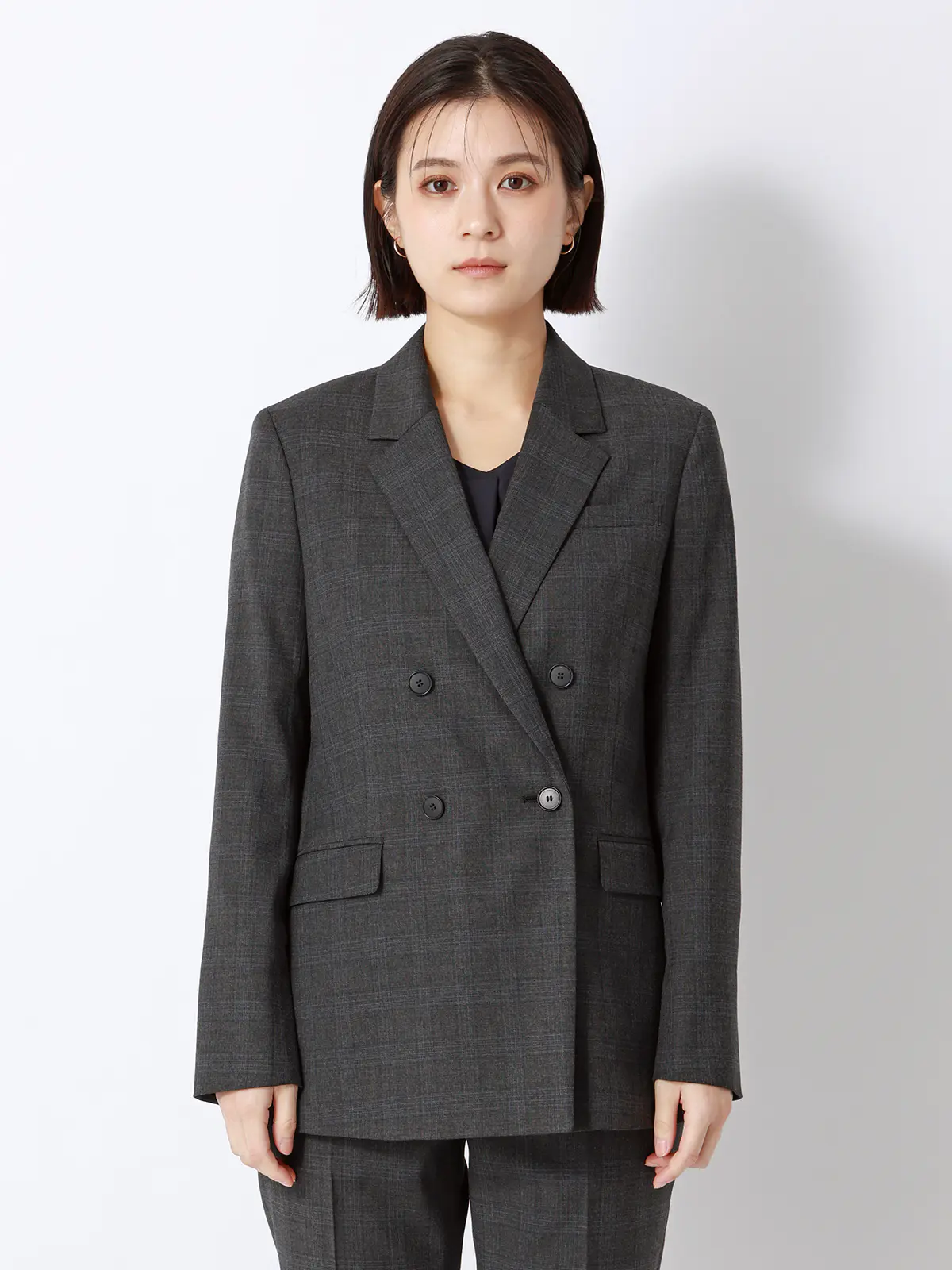 ダブルブレストジャケット／ウォッシャブル／ストレッチ／WOOLISH／グレンチェック グレー 40(11号）