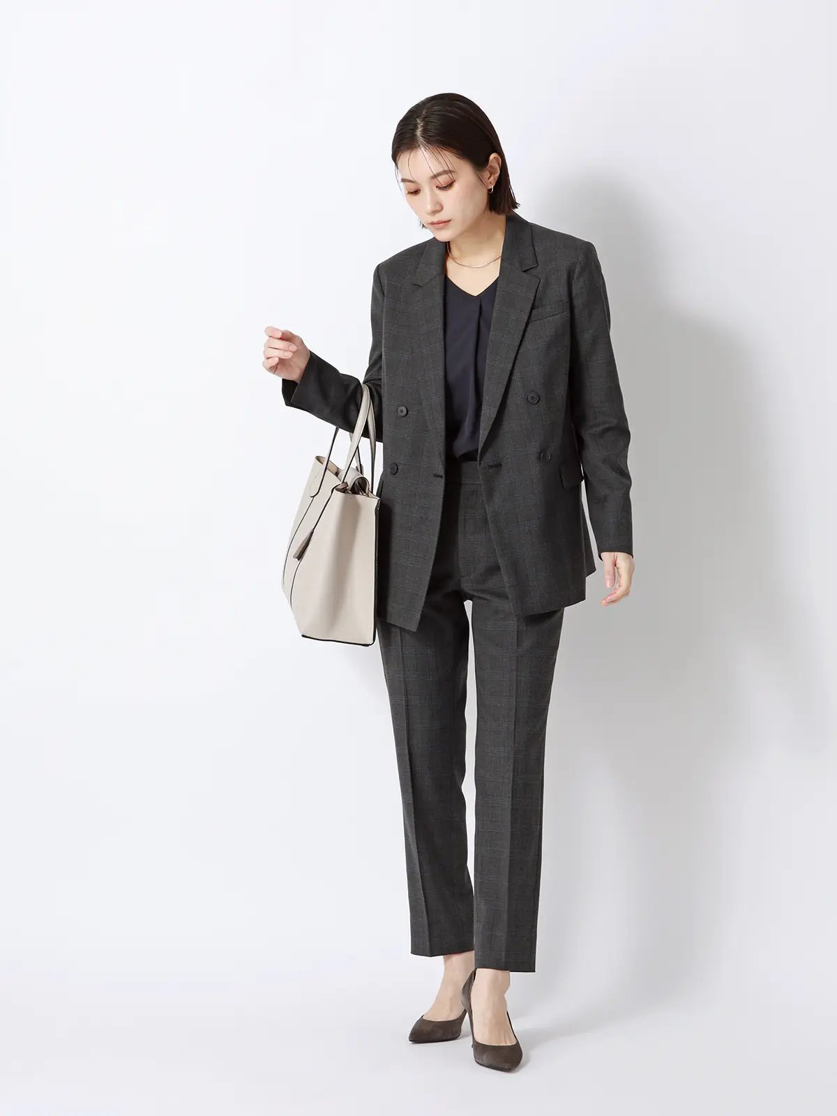 ダブルブレストジャケット／ウォッシャブル／ストレッチ／WOOLISH／グレンチェック グレー 40(11号）