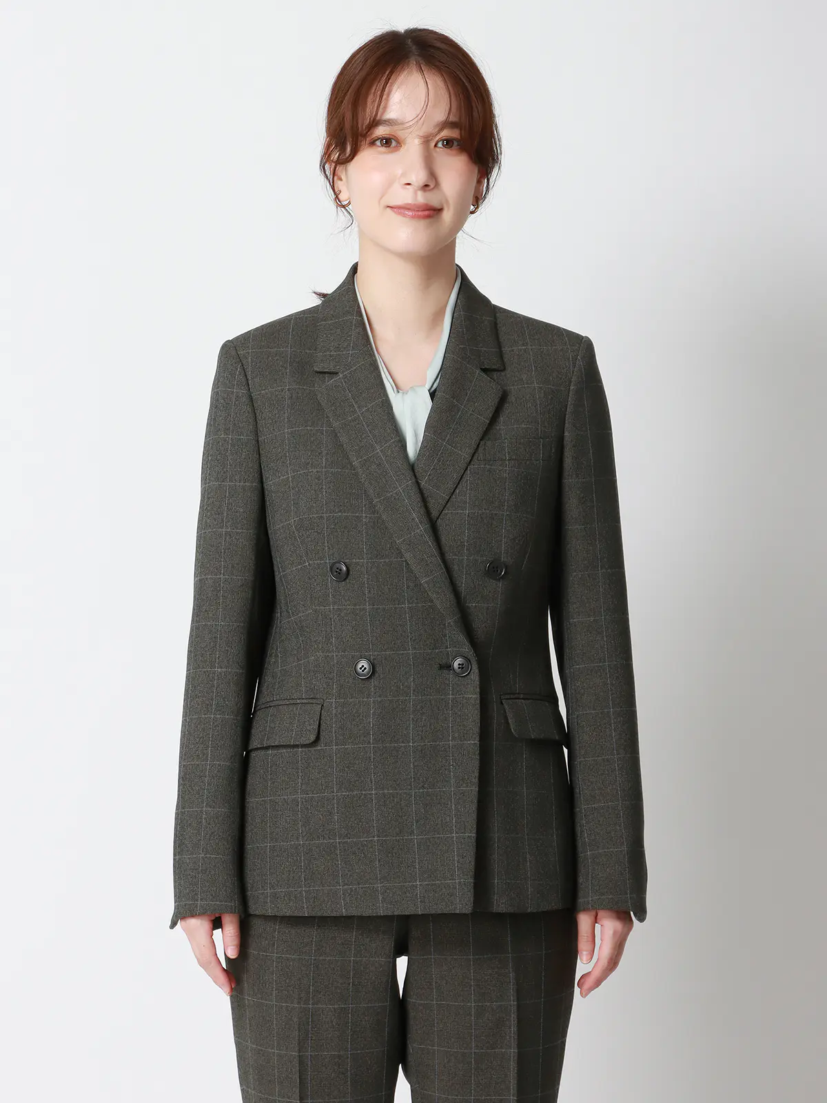 ダブルブレストジャケット/ウォッシャブル/ストレッチ/ウールライクポリエステル/グレンチェック グレー 38(9号)