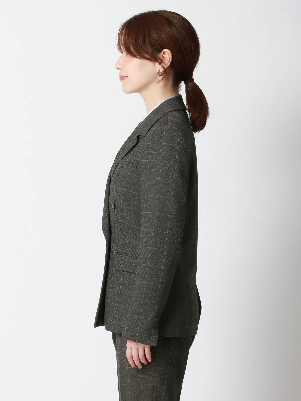 ダブルブレストジャケット/ウォッシャブル/ストレッチ/ウールライクポリエステル/グレンチェック グレー 38(9号)