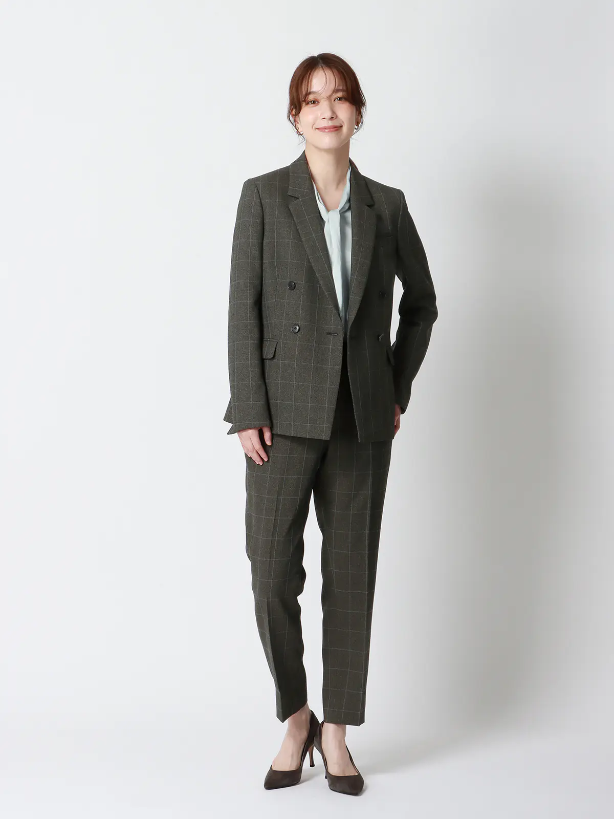 ダブルブレストジャケット/ウォッシャブル/ストレッチ/ウールライクポリエステル/グレンチェック グレー 38(9号)