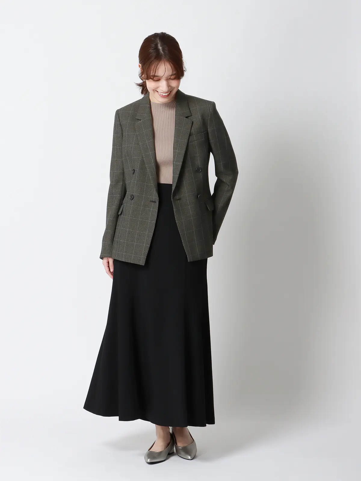 ダブルブレストジャケット/ウォッシャブル/ストレッチ/ウールライクポリエステル/グレンチェック グレー 38(9号)