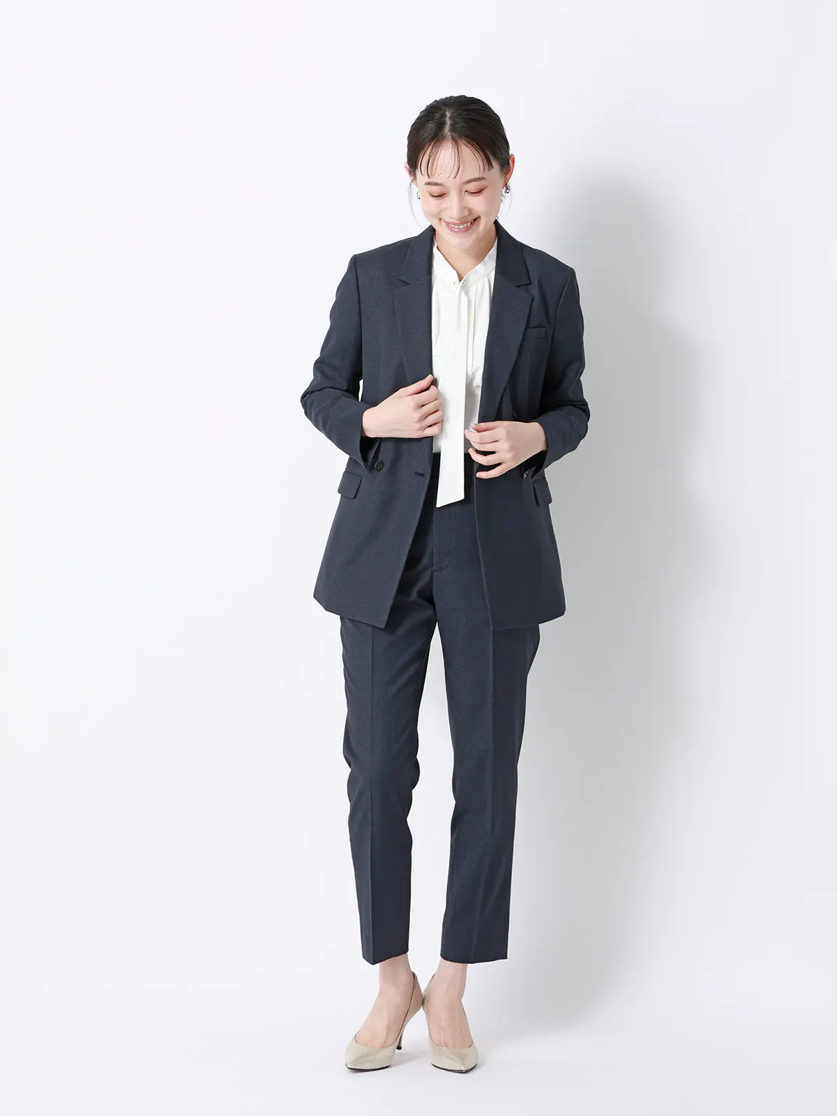 ダブルブレストジャケット／Carreman／ウォッシャブル／接触冷感／デニムライクストレッチ／無地 ネイビー 36(7号）