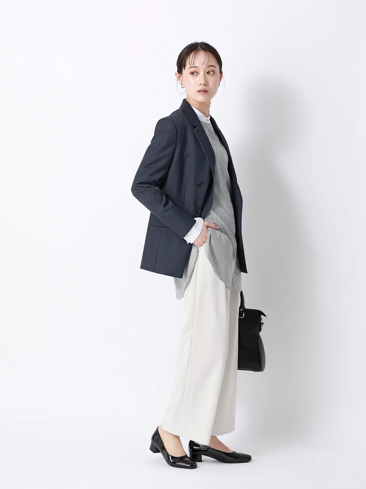 ダブルブレストジャケット／Carreman／ウォッシャブル／接触冷感／デニムライクストレッチ／無地 ネイビー 36(7号）