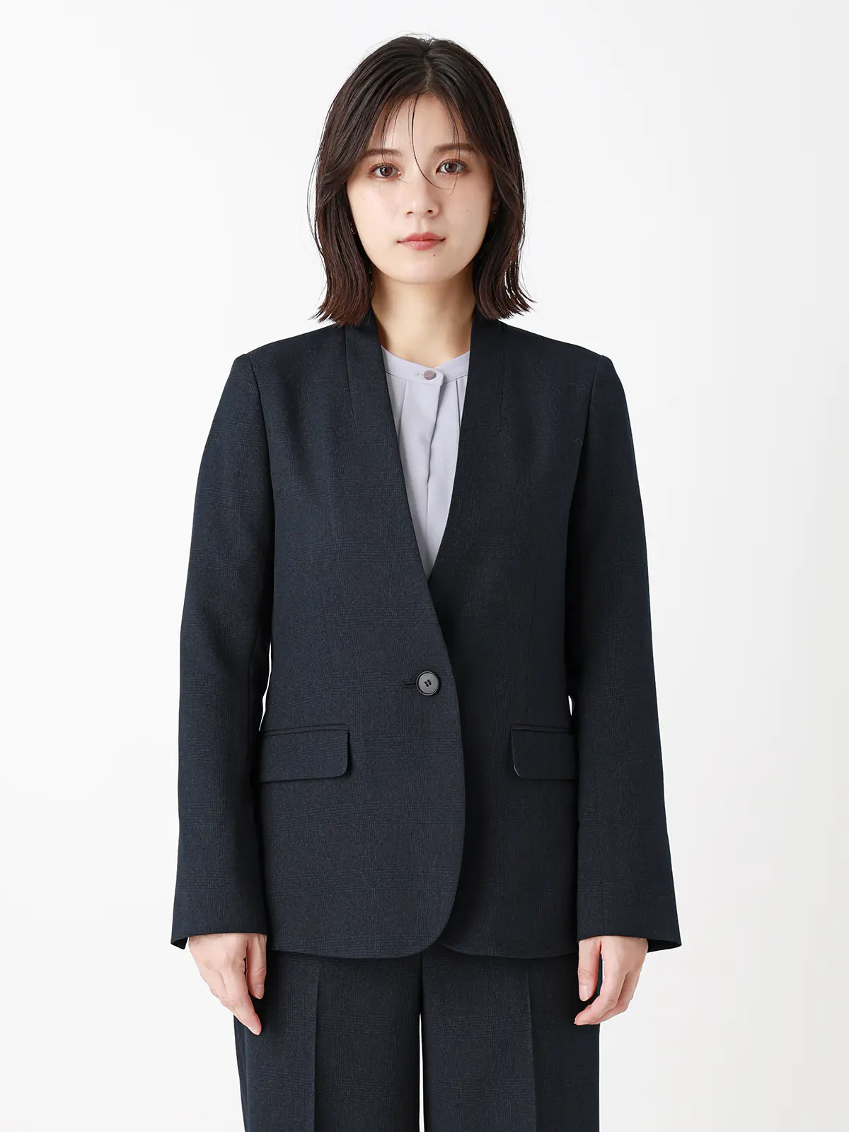 ジャケット/ノーカラー/ウォッシャブル/ストレッチ/グレンチェック/Suit Buffet ネイビー 36(7号)