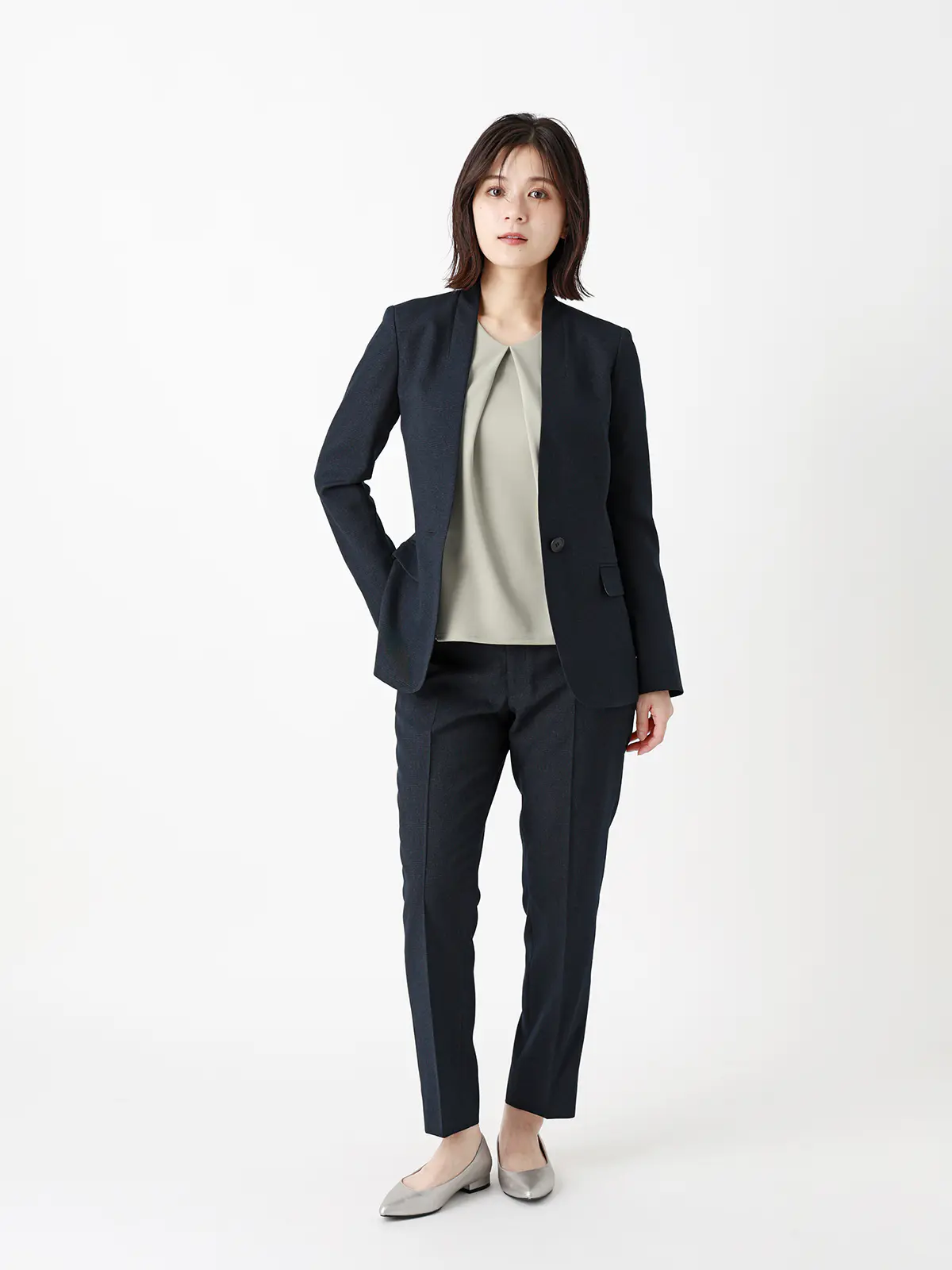 ジャケット/ノーカラー/ウォッシャブル/ストレッチ/グレンチェック/Suit Buffet ネイビー 36(7号)