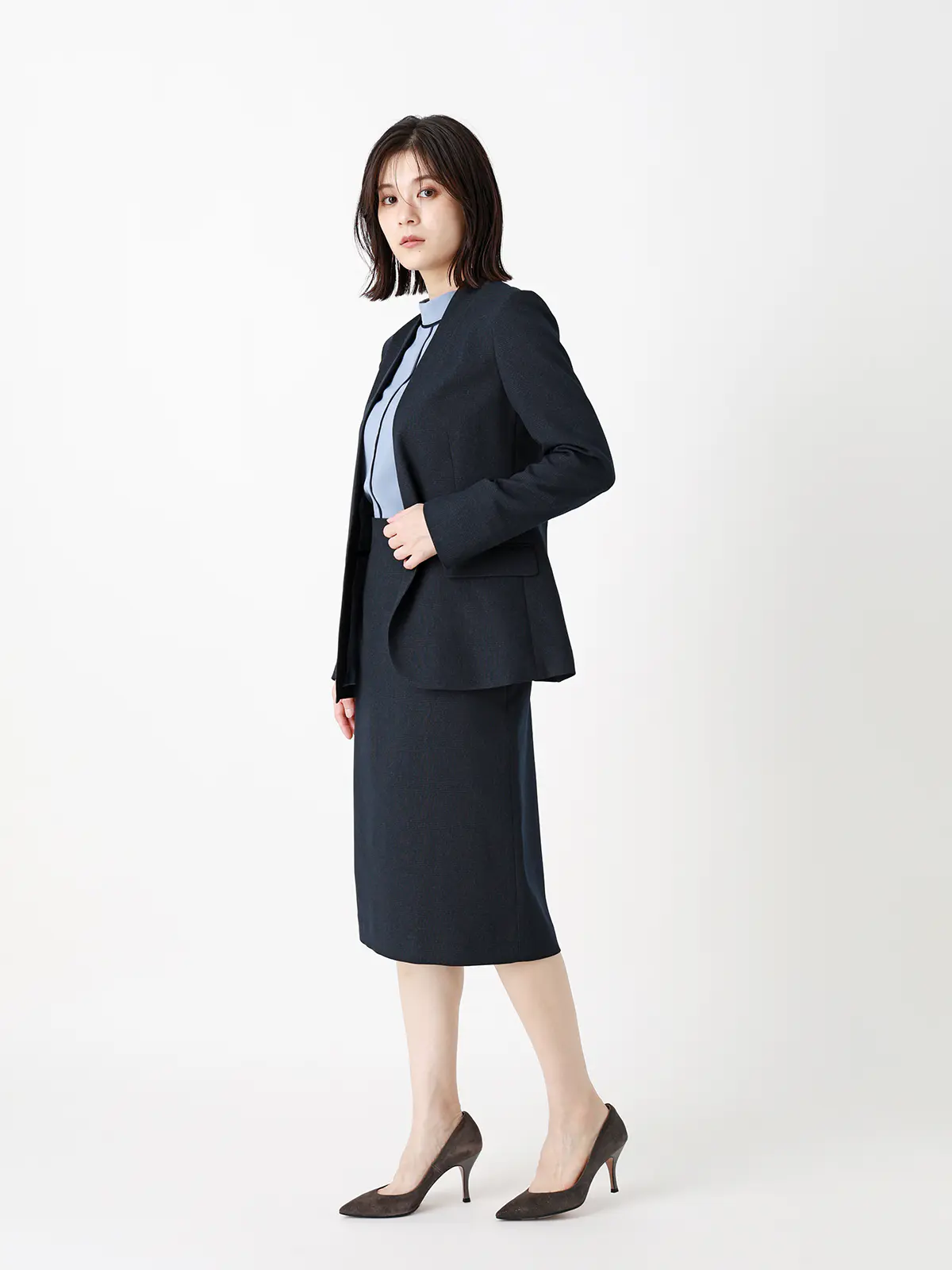 ジャケット/ノーカラー/ウォッシャブル/ストレッチ/グレンチェック/Suit Buffet ネイビー 36(7号)