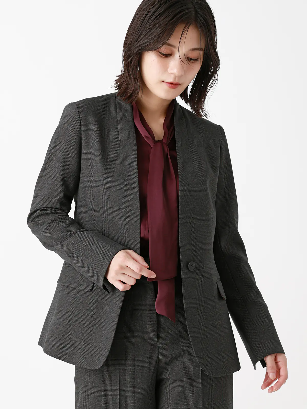 ジャケット/ノーカラー/ウォッシャブル/ストレッチ/グレンチェック/Suit Buffet グレー 36(7号)