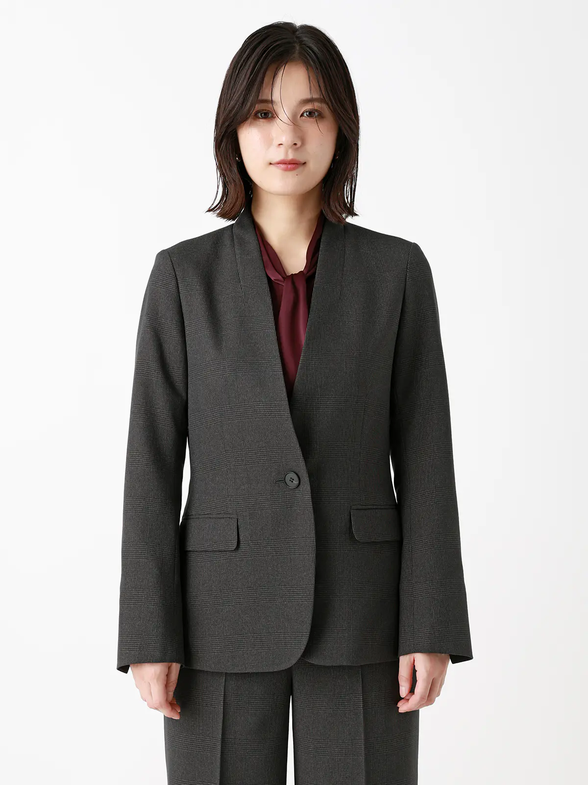 ジャケット/ノーカラー/ウォッシャブル/ストレッチ/グレンチェック/Suit Buffet グレー 36(7号)